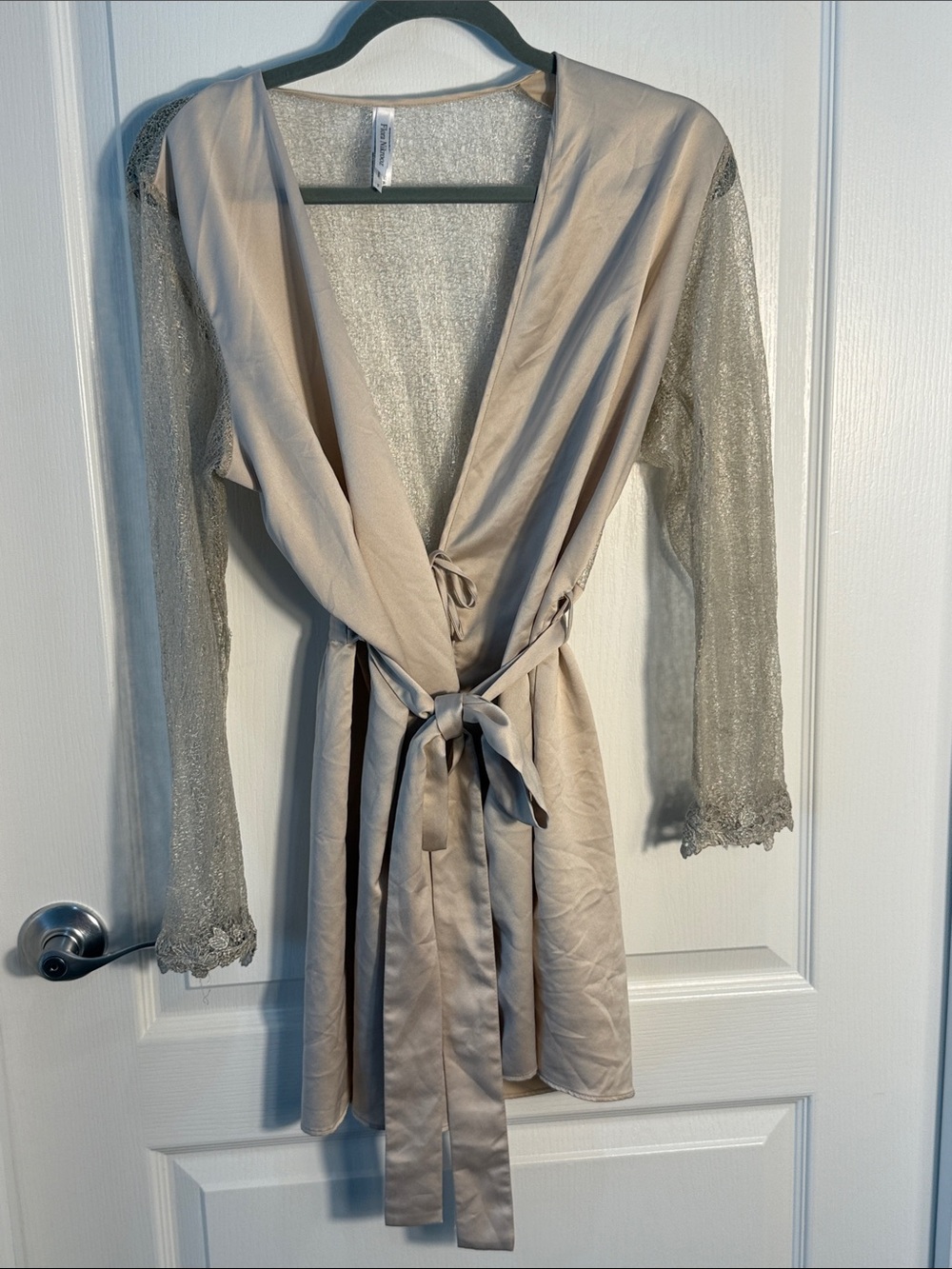 Flora Nikrooz Champagne Satin Robe with Metallic Lace Trim See through Back Sz S